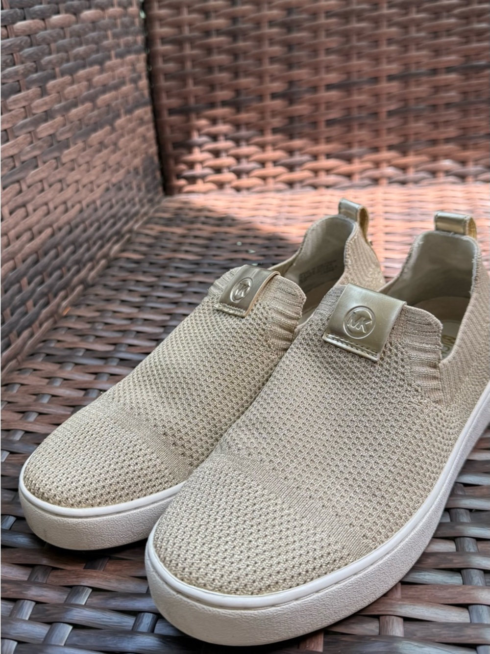 Michael Kors Beige Knit Slip-On Sneakers with Gold Logo Tab